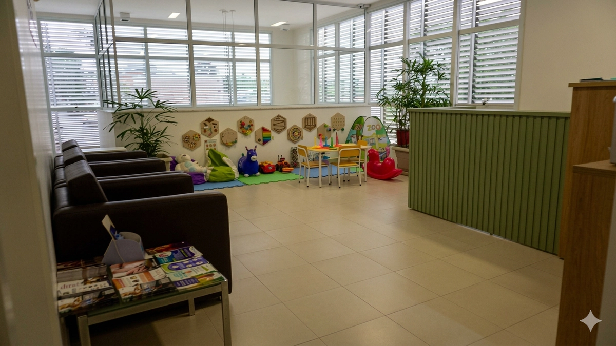 Ambiente de atendimento pediátrico na unidade Valinhos, com clima tranquilo e acolhedor.